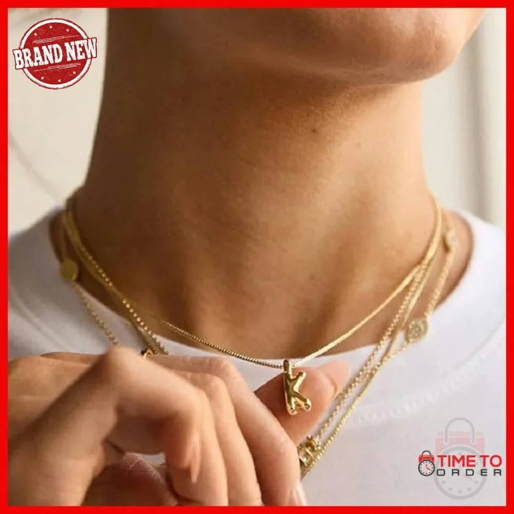 Gold-Plated Bubble Initial Pendant Necklace 17 Inch Chain Personalized Gift